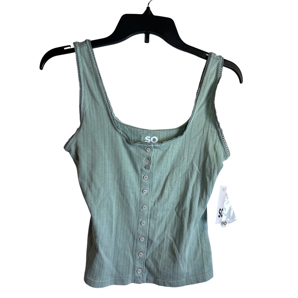 SO Ribbed Henley Tank Top Size S Green Lace Trim Button Front Womens